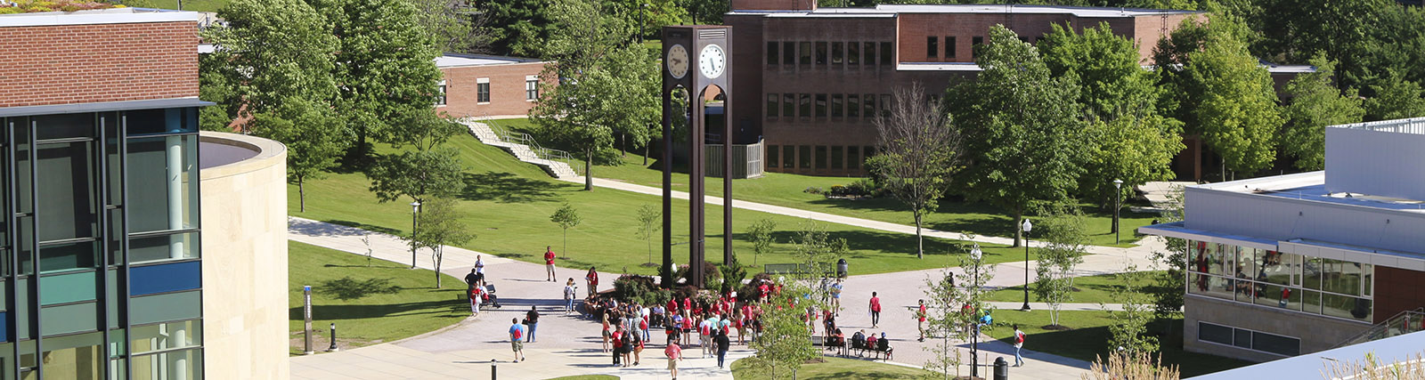 Students gathered around the clock tower