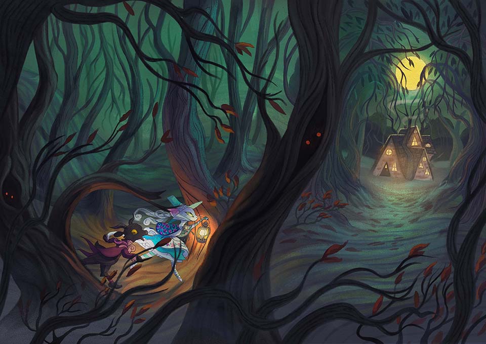 rabbit and goat illustration in a dark wood coming upon a cozy cottage