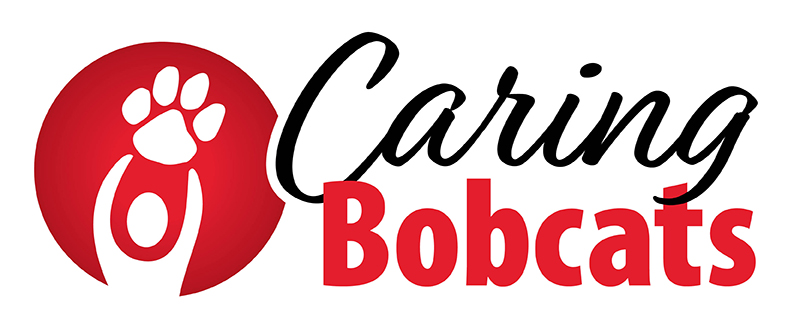 Caring Bobcat words in a graphic with stylized person and bobcat paw 