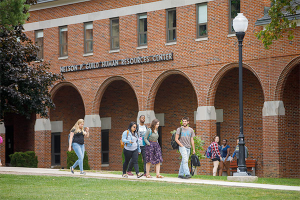 Groups of students walk to class on Frostburg's campus